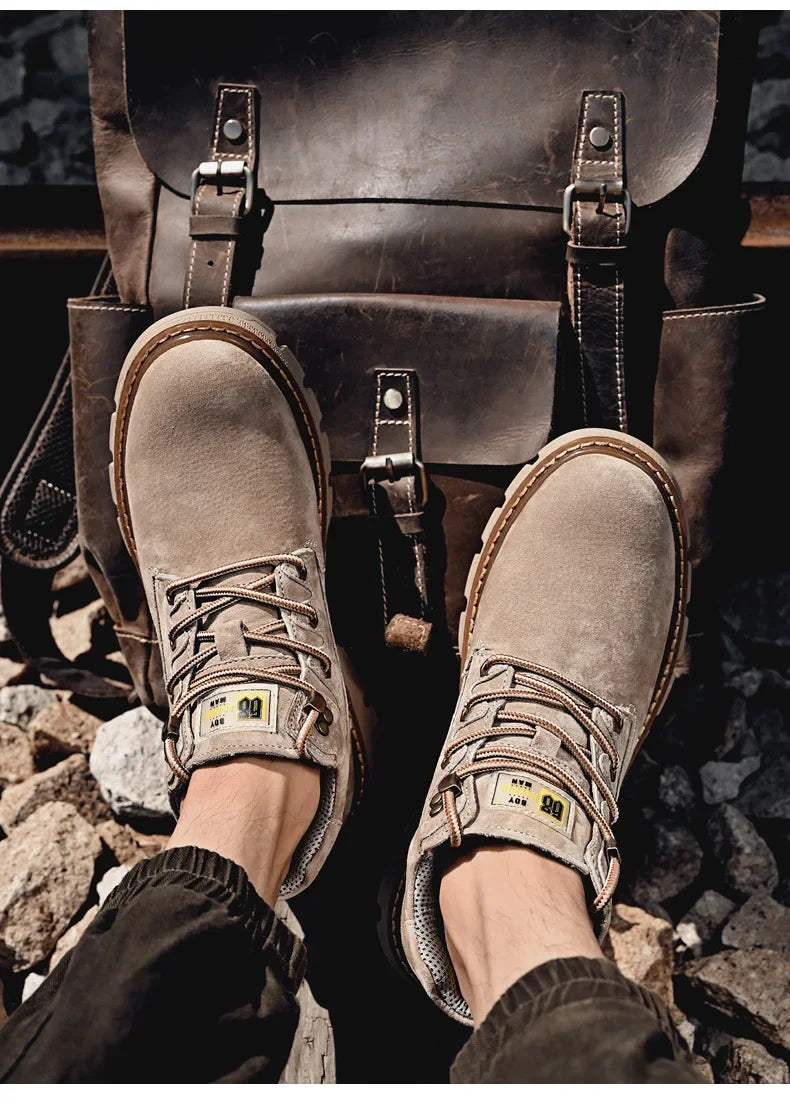 Men Genuine Leather Boots Men's English Style Thick Bottomed Work Clothes Shoes Winter Outdoor Mid Top Men's Boots