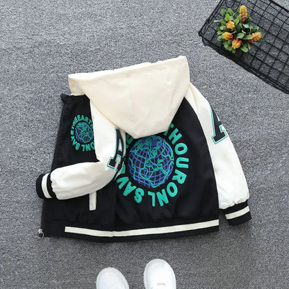 Fashion Boys Color Block Baseball Jacket 2025 Spring Autumn Baby Girl Letter Print Casual Hooded Zipper Coats Kid Clothes 2-12 Y