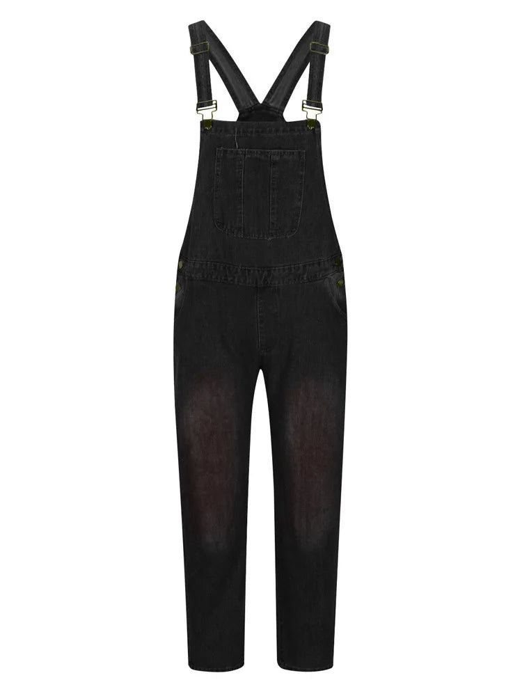 Overalls Jeans Men Ankle Length Jumpsuits Straight Pants Spliced One Piece Pockets Loose Vintage Wash Denim Casual Solid