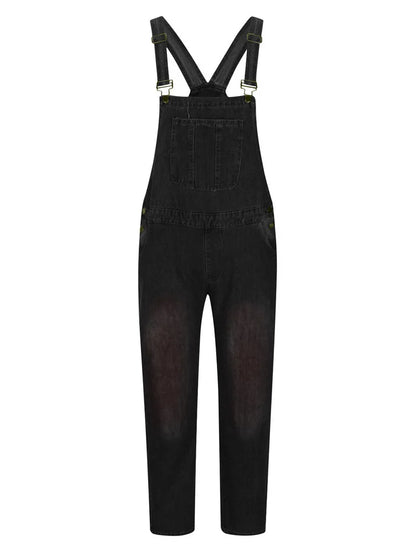 Overalls Jeans Men Ankle Length Jumpsuits Straight Pants Spliced One Piece Pockets Loose Vintage Wash Denim Casual Solid