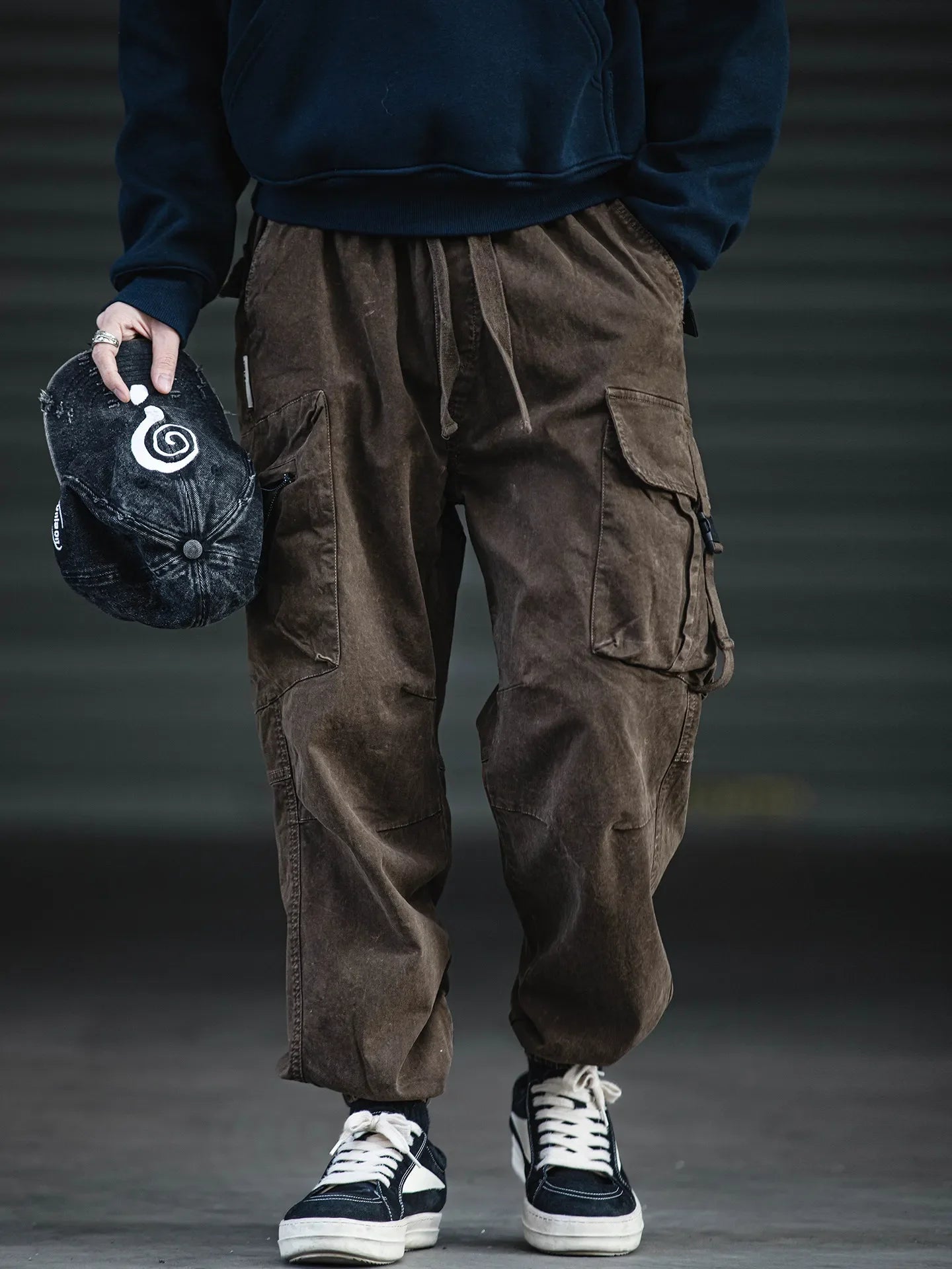 Oversized Baggy Vintage Washed Cargo Pants Men Loose Fit Drawstring Cuffed Retro American Style Streetwear Hip Hop Utility Pants