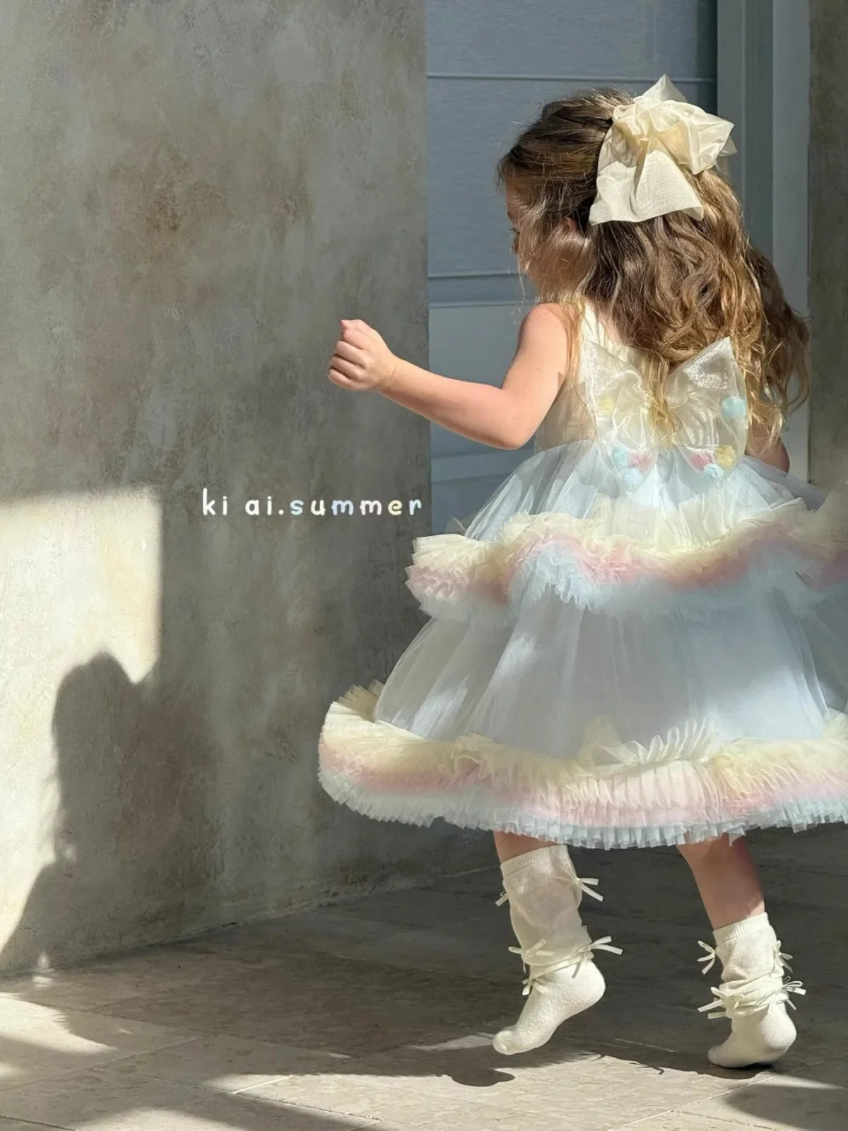 Sweet Baby Girls Elegant Rainbow Gradient Tutu Princess Cake Sundress Kids Tulle Ruffle Trim Puffy Birthday Party Casual Gown