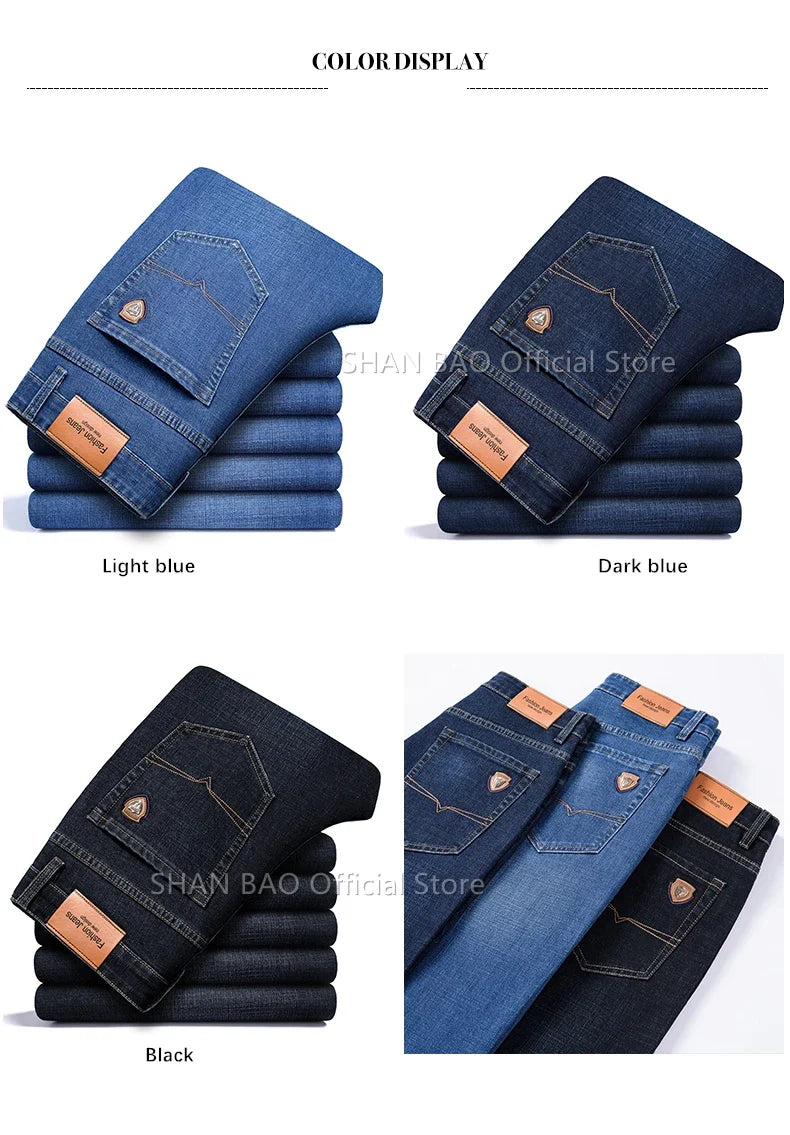 2024 autumn spring fitted straight stretch denim jeans classic style badge youth men's business casual jeans trousers