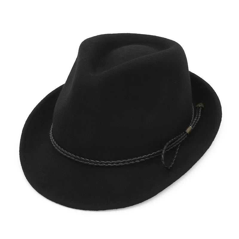 100% Wool Black Retro Felt Jazz Hats for Men Women Short Brim Gentleman Soft Trilby Fedora Panama Hat with Belt