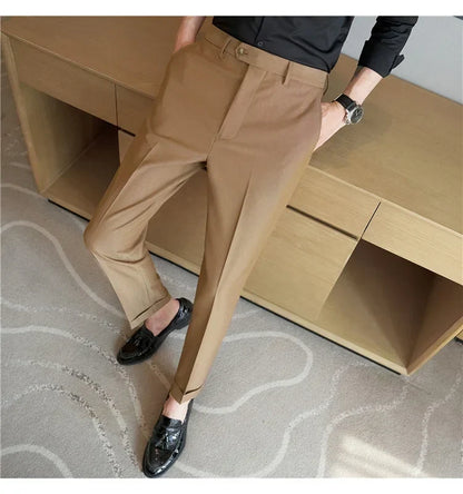 2024 New Men's Slim Fit Tapered Dress Pants Apricot Pearlescent Texture Business Casual Suit Trousers Spring Clothes