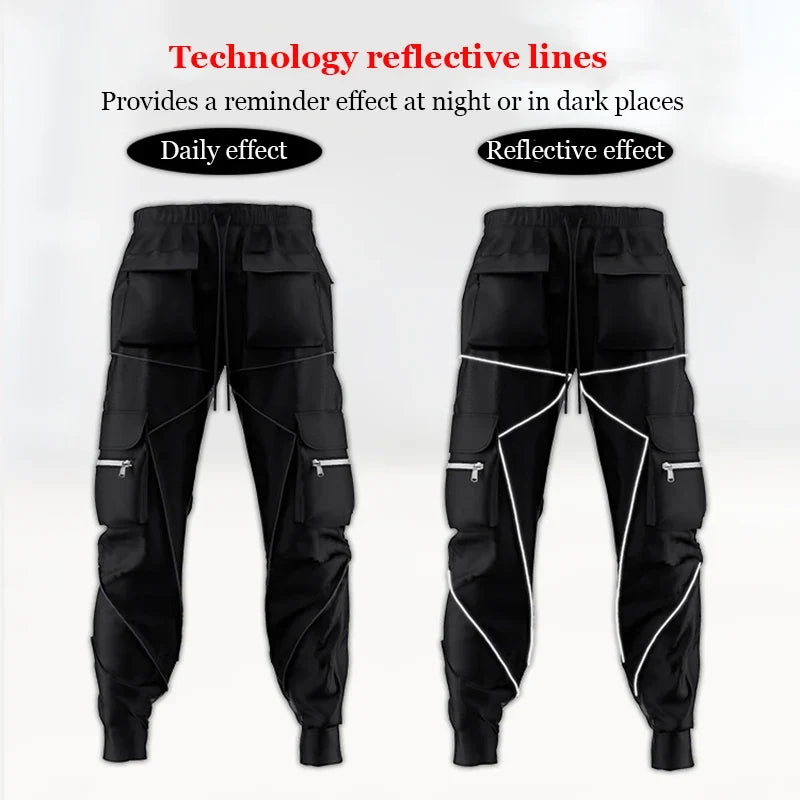 Men's Casual Pants Multi-pocket Cargo Trousers Striped Reflect Sweatpants Breathable Lightweight Jogging Trousers Gym Trackpant