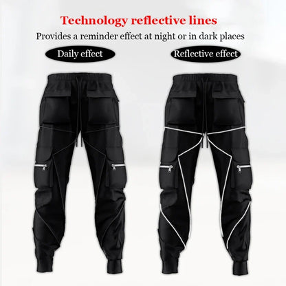Men's Casual Pants Multi-pocket Cargo Trousers Striped Reflect Sweatpants Breathable Lightweight Jogging Trousers Gym Trackpant