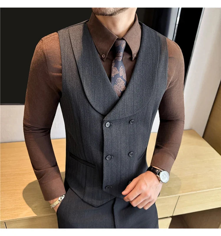 ( Vest+Pants) Autumn Winter Thicken Wool Striped Suit Vest 2 pieces Men Fashion Slim Fit Business Casual Wedding Dress Vest Sets