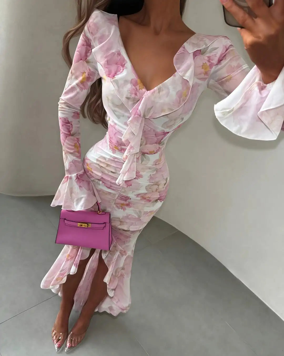V-neck Organza Floral Chiffon Puff Sleeve Slit Long Dress Bodycon High Slit Bodycon Sexy Dresses Lady Chic Daily Sweet Date Robe