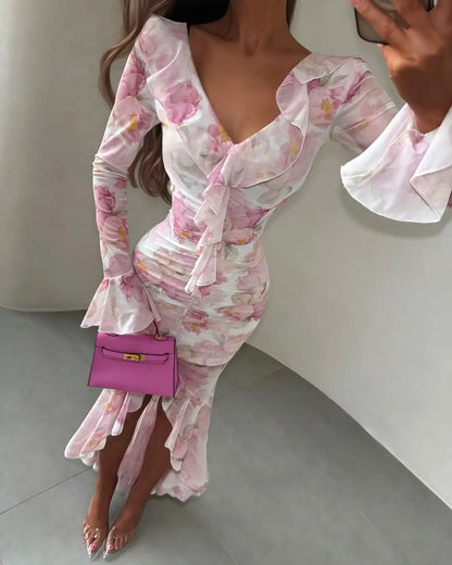 V-neck Organza Floral Chiffon Puff Sleeve Slit Long Dress Bodycon High Slit Bodycon Sexy Dresses Lady Chic Daily Sweet Date Robe