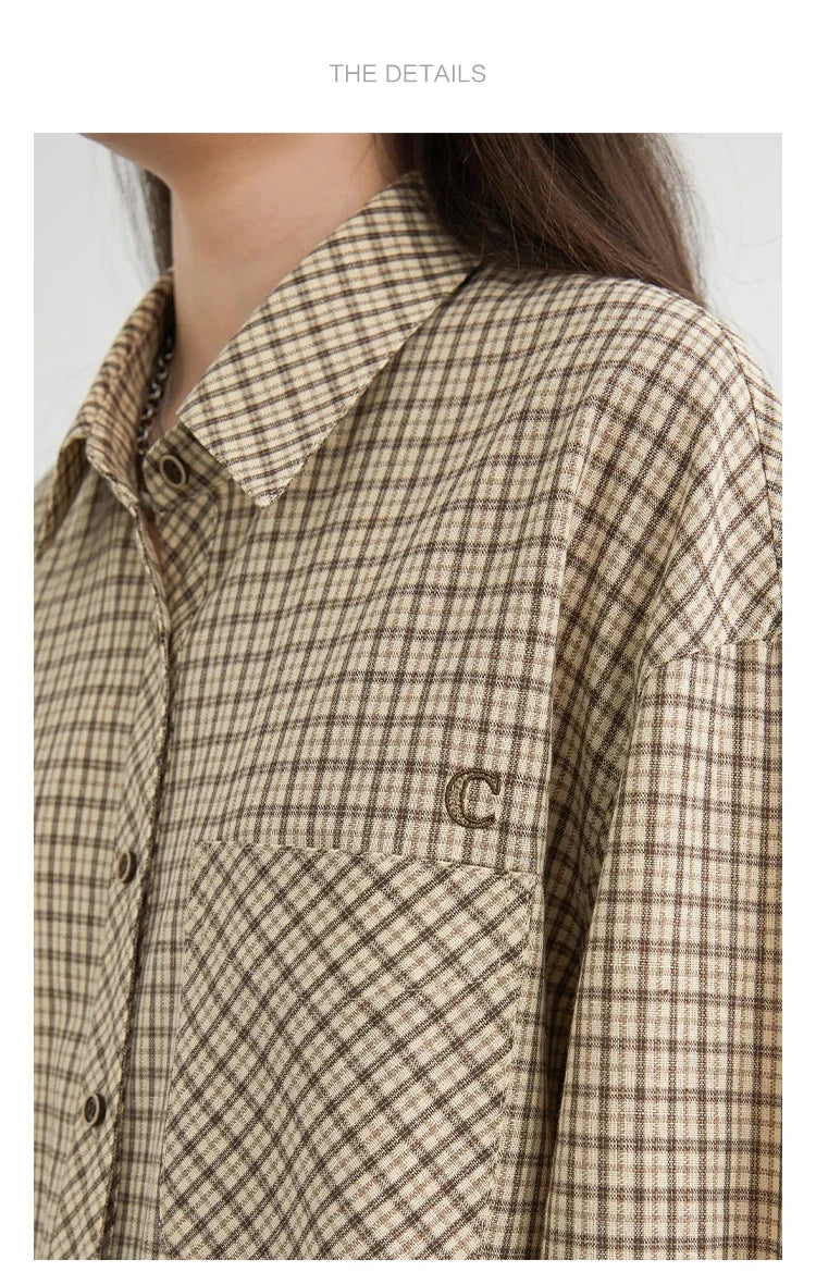 Women Shirt Loose Casual Single-breasted New Retro Contrast Plaid Embroidered Blouses Female Top Autumn Winter 2026