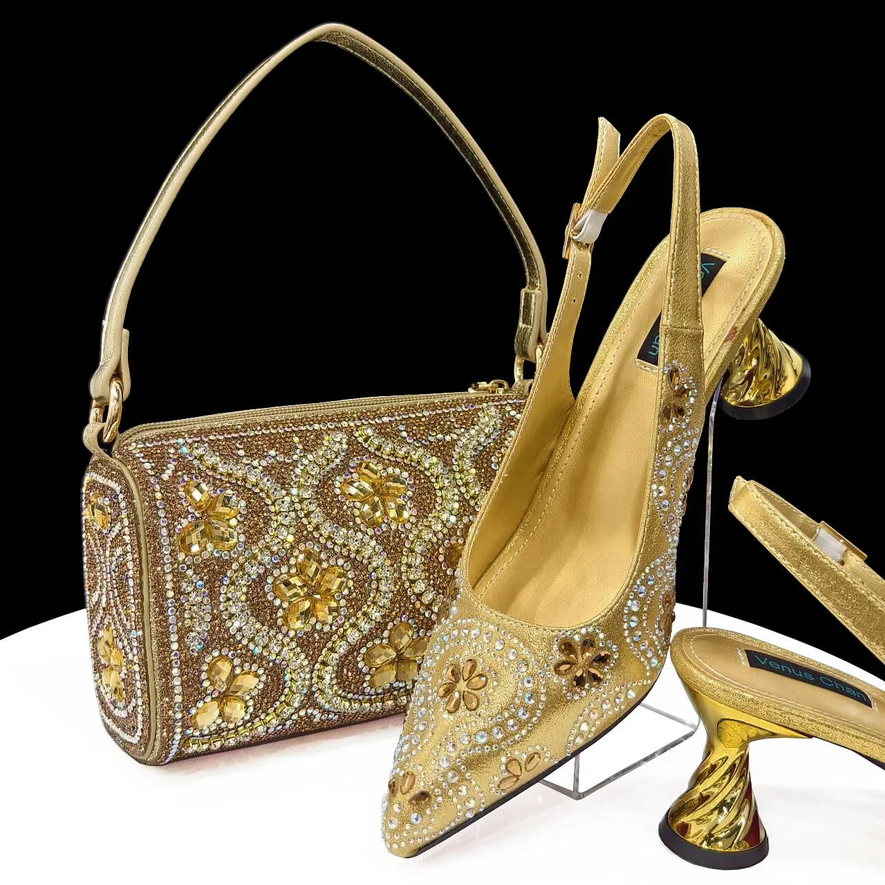 2024 Elegant Rhinestone Pointed-Toe Pumps With Matching Bag Set Large Capacity Bag for Women's Party High Heels