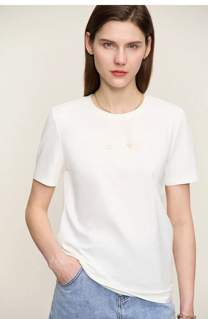 Minimalist T-shirt Women's Tops O-neck Short Sleeves Geometric Decoration Antibacterial Cotton Elastic Casual Tees 12521088