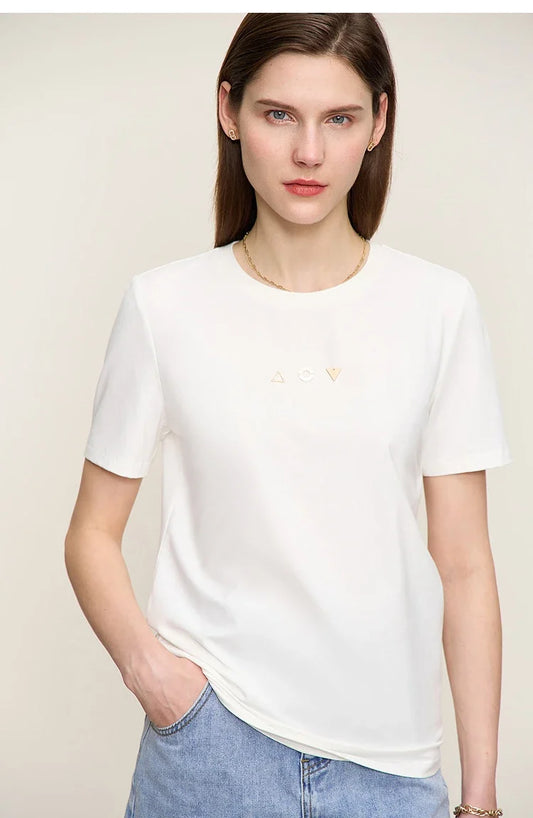 Minimalist T-shirt Women's Tops O-neck Short Sleeves Geometric Decoration Antibacterial Cotton Elastic Casual Tees 12521088