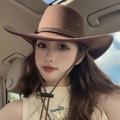 Fashion Western Style Western Cowboy Hat Ethnic Style Large Brim Felt Fedora Hats Grassland Sun Hat Unisex