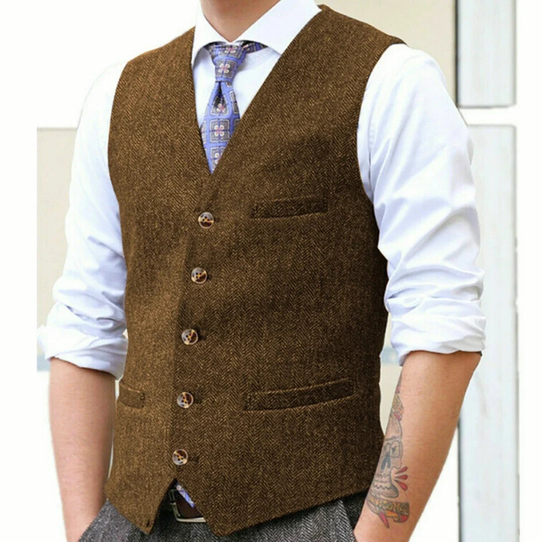 Men Vest Gray Herringbone Single Button With Pocket V Neck Waistcoat For Wedding Banquet Business Work Casual Daily Men Vest