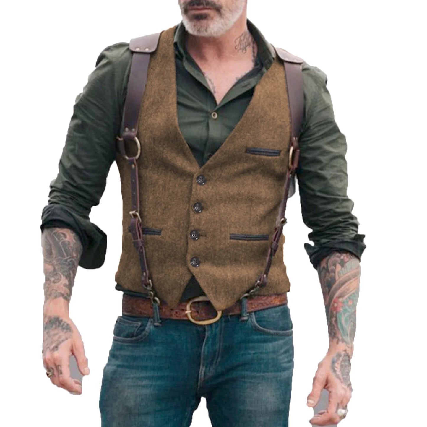 Men's Suit Vest Herringbone Tweed V Neck Business Formal Dress Waistcoat for Wedding Suit or Tuxedo