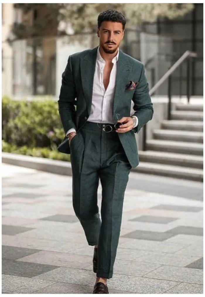 Men's Linen Suit 2 Piece Slim Fit Suit Summer Beach Wedding Suit Groosmen Prom Tuxedo Linen Blazer Pants Set