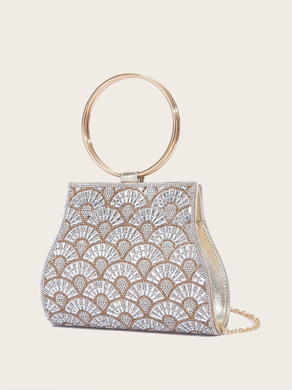 Banquet Bag Wedding Fashion Handbag Silver Artificial Leather Handmade Diamond Chain Bag for Women