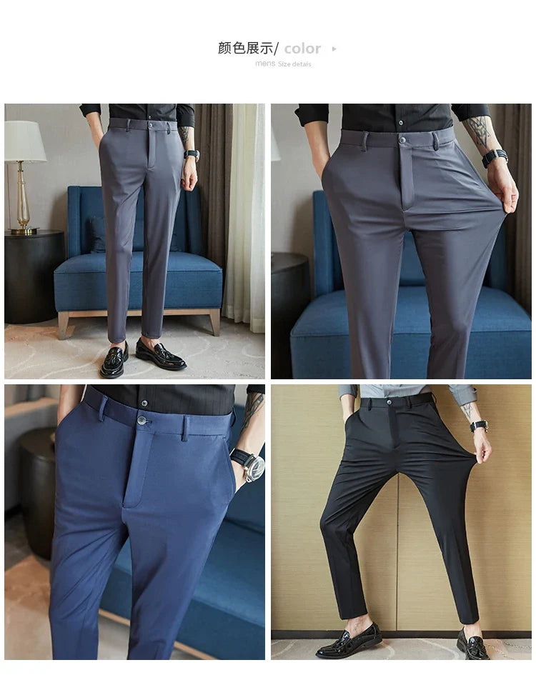Mens Dress Pants Trousers 2025 Summer New Thin Breathable Solid Casual High Elastic Slim Fit Suit Pants Streetwear Men Clothing