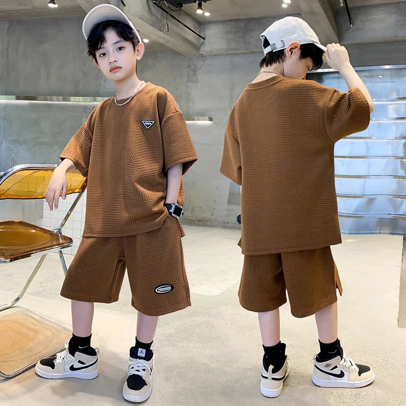 Summer Casual Boys Jacquard Loose T-Shirt Tops+Shorts Pant School Kids 2PCS Tracksuit Child Outfits Student Workout Set 3-14 Yr