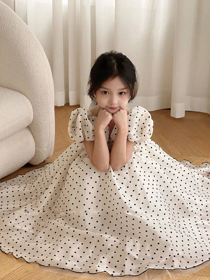 Girls Polka Dot Party Dress Summer Bubble Sleeves Princess Gown Understated Elegance Korean Japanese Style 2-7 Years