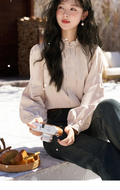 French Autumn Winter Button Up Lantern Long Sleeve Shirts Women Ruffle Neck Thick Warm Blouse Flannel Shirt MXC56X1320