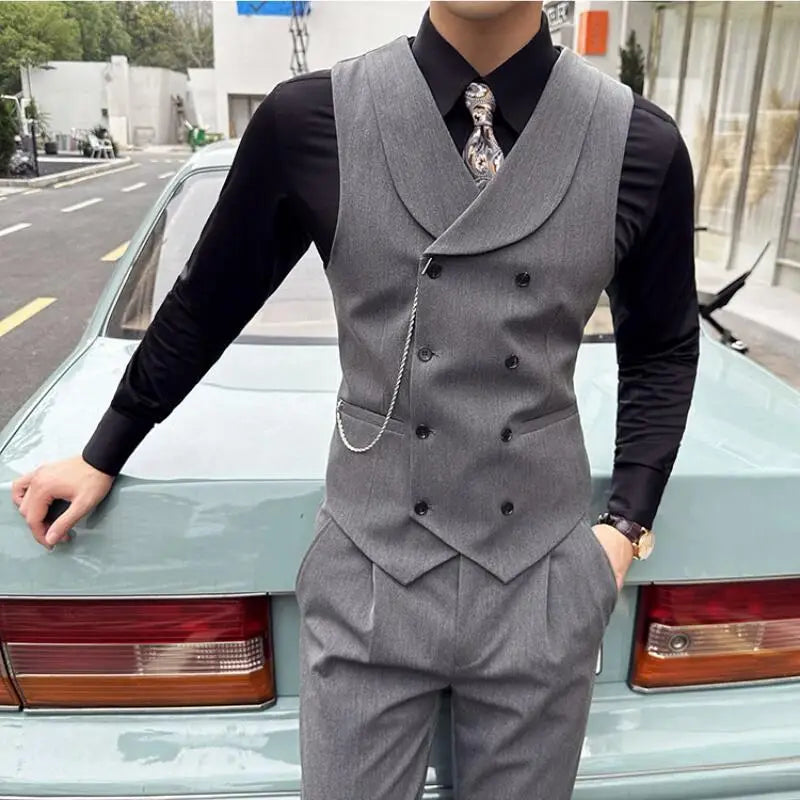 ( Vest + Pants) Men Luxury Double Breasted Design Suit Vest 2 pieces Formal Groom Wedding Dress Vest Set Fashion Club Clothing