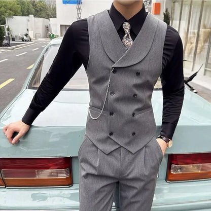 ( Vest + Pants) Men Luxury Double Breasted Design Suit Vest 2 pieces Formal Groom Wedding Dress Vest Set Fashion Club Clothing