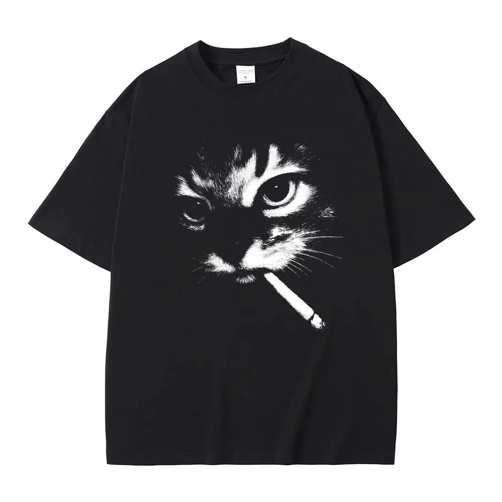 Funny Meme Smoking Cat Face Graphic T-shirts Men Women Casual Cotton Vintage T Shirts Men's Oversized T-shirts Cats Lovers Gifts