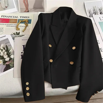 High-Quality Double Breasted Crop Blazer Women Korean Solid Long Sleeve Suit Coat Office Ladies Elegant Short Jacket Female Coat