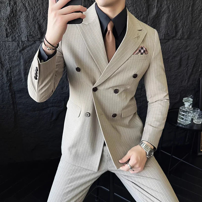 M-7XL ( Blazer + Pants ) Luxury Classic Striped Men's Official Office Casual Business Double -breasted Suit Groom Wedding Gown