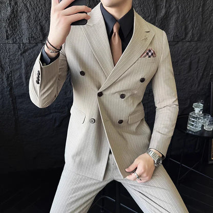 M-7XL ( Blazer + Pants ) Luxury Classic Striped Men's Official Office Casual Business Double -breasted Suit Groom Wedding Gown