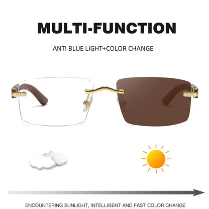 Photochromic Rimless Sunglasses Women Trendy Luxury Square Sunglass Men Vacation Sunscreen Fashion Glasses Gafas De Sol Hombre