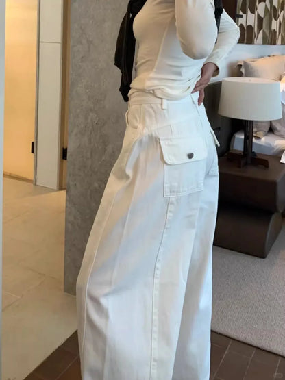 White Wide Leg Cutlass Jeans Women's Spring New Loose Straight Leg Long Denim Trousers Casual Streetwear Y2K Style Pants