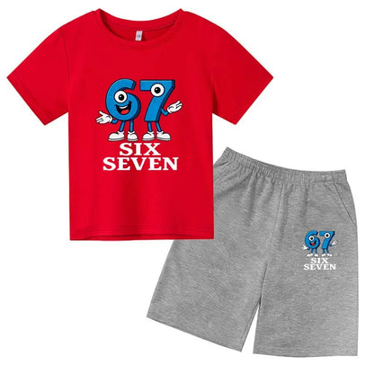 67 Funny Cartoon Number Print Kids Summer Casual 2PCS Breathable Tees+Short Pants Suits 2-13 Years Boys Girls Fashion Clothes