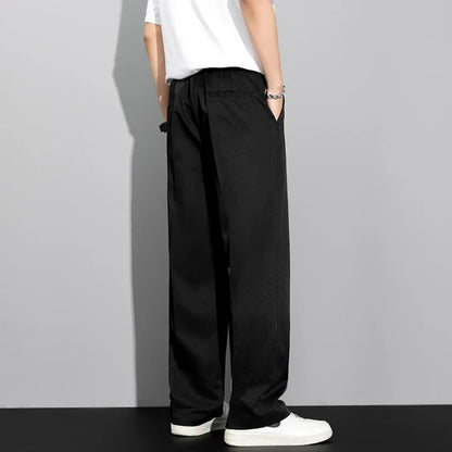 Men's 2026 Summer Korean Style Loose Straight Leg Draping Lightweight Casual Pants Slacks Khaki Dark Gray Black Trousers Male