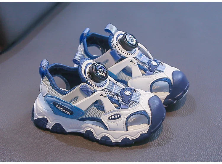 Kids Shoes Rotating Button Closed-Toe Boys Sandals Breathable Mesh Sport Shoes for Boys, Non-Slip Children Summer Sneakers