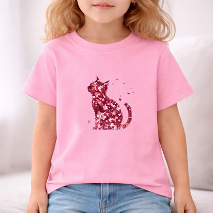 Summer Age 3-12 Girls boy cool breathable Tshirt Children T-shirt+bottom wear Set black 2pcs leisure Kids Set cat Print