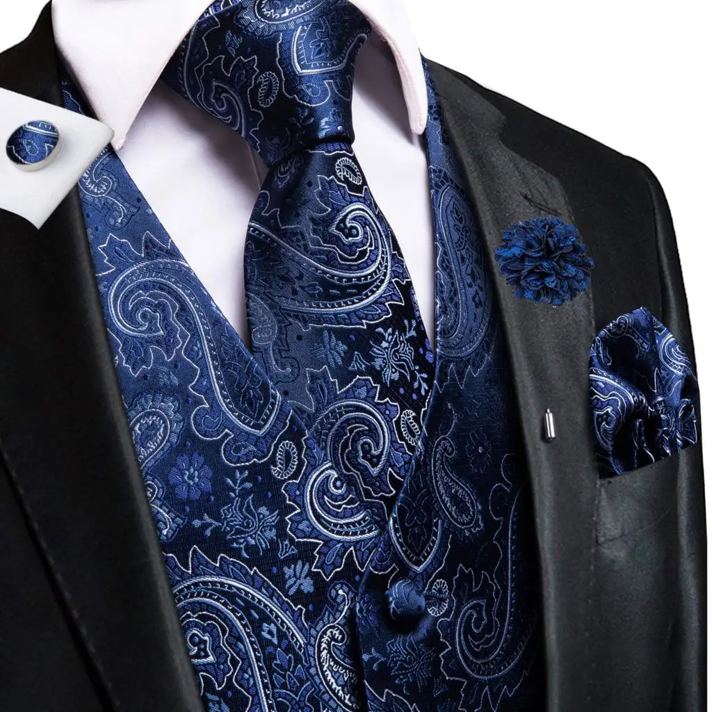 Luxury Mens Vests Black Gold Floral Jacquard Waistcoat Tie Hanky Cufflinks Brooch Set for Men Suit Wedding Office XL