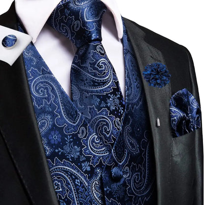 Luxury Mens Vests Black Gold Floral Jacquard Waistcoat Tie Hanky Cufflinks Brooch Set for Men Suit Wedding Office XL