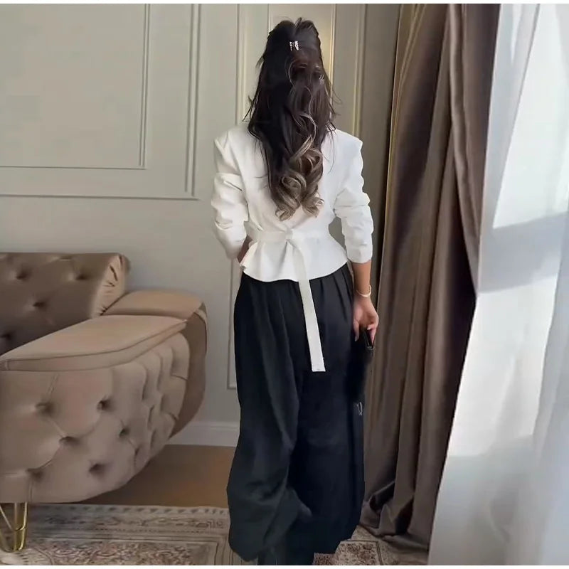 Chic Pleated Waist Cinched Women's Jacket V Neck Single Breasted Lace Up Blazer Coat Lady 2026 Casual Slim Commute Outerwear
