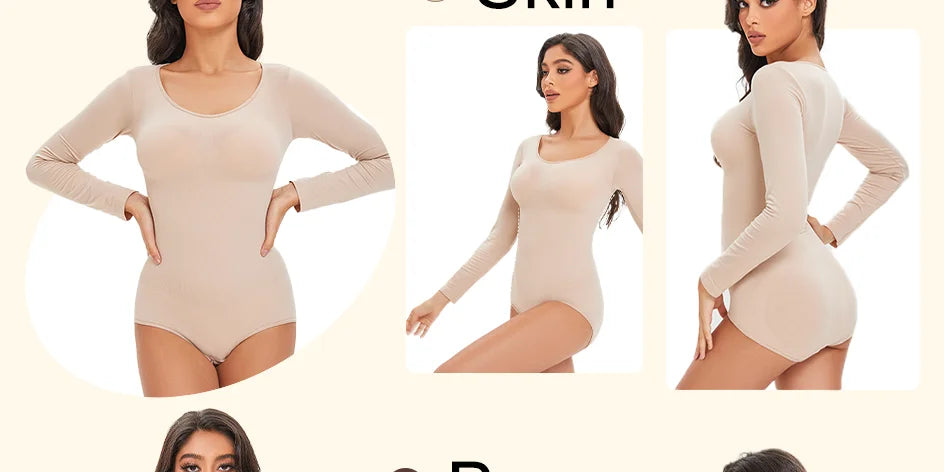 Spandex Elastic Body Suit Shapewear Women Body Shaper Tummy Control Long Sleeve Open Crotch Round Neck Seamless Shapers