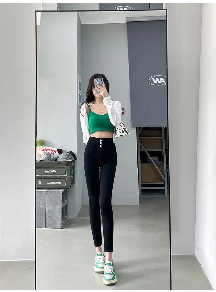 New Women's High Waist Stretch Jeans Blue Black Gray Fashionable and Versatile Multi-button Popular Slim Denim Long Pants Female