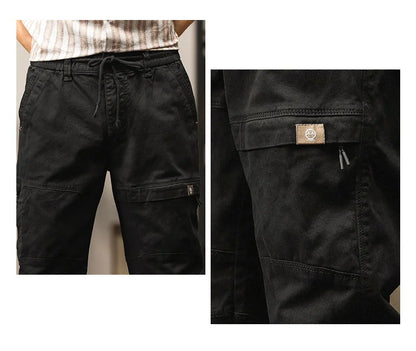 Cotton Men's Cargo Pants Elastic Waist Stretch Trouser Male Multi Pocket Casual Jogger Fit Ankle Length Zipper Purple Drawstring