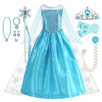 2026 Vestidos Snow Queen Princess Dress Girls Costume Halloween Kids Role-play Carnival Children Birthday Party Dress