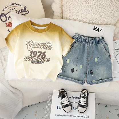 0-5Years New Baby Boys Girls Summer Clothes suits Tie dye letter T-shirt denim Shorts 2pcs/sets Children Clothing Tracksuits Set