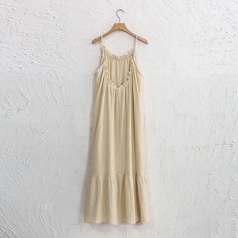 Vintage Muslin 100% Cotton Gauze Summer Dress Women Loose Sexy Sleeveless Ruched Long Maxi Desses Chic Vestidos
