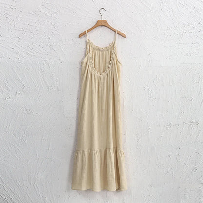 Vintage Muslin 100% Cotton Gauze Summer Dress Women Loose Sexy Sleeveless Ruched Long Maxi Desses Chic Vestidos