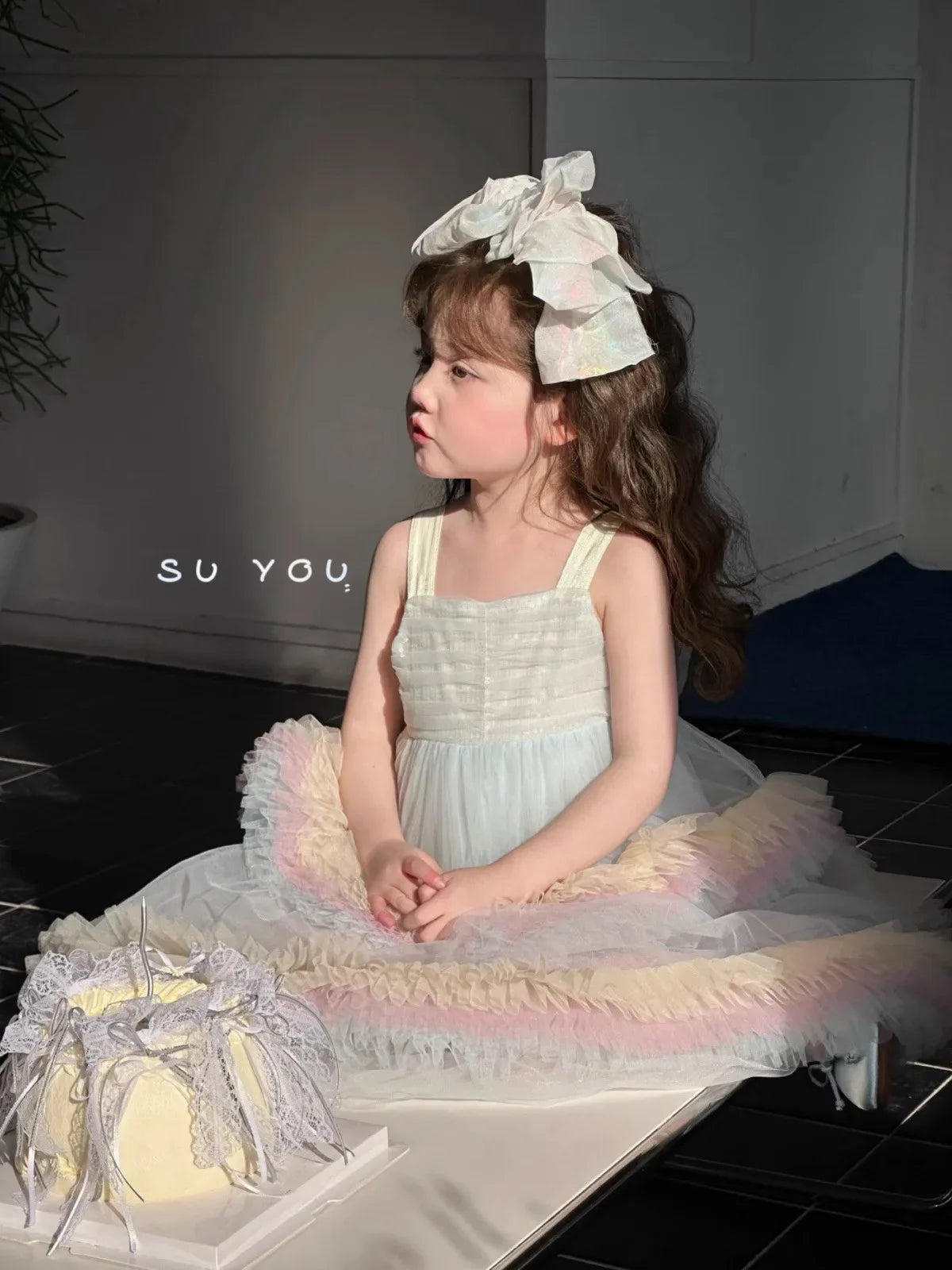 Sweet Baby Girls Elegant Rainbow Gradient Tutu Princess Cake Sundress Kids Tulle Ruffle Trim Puffy Birthday Party Casual Gown